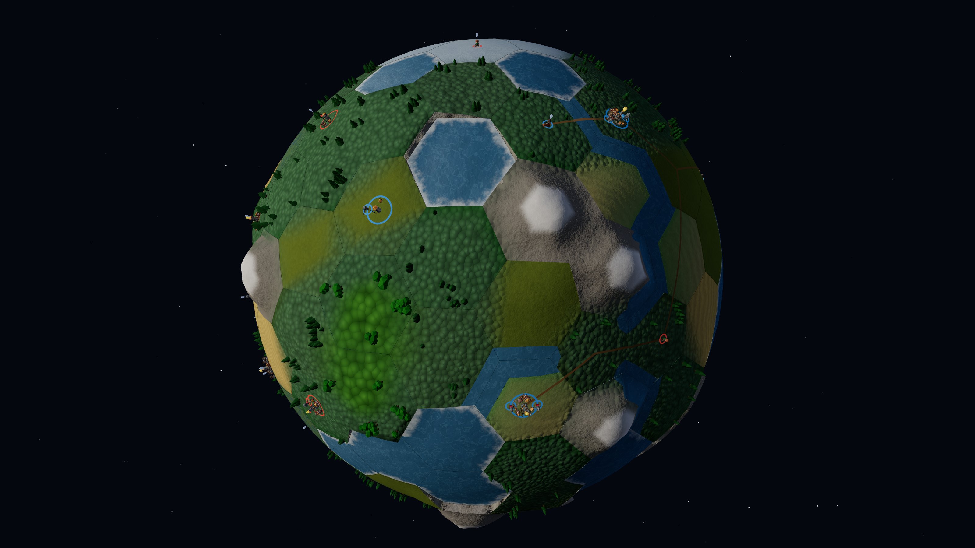 An Empire Rising planet: hex tiles, forests, mountains, and rival empires seen from space