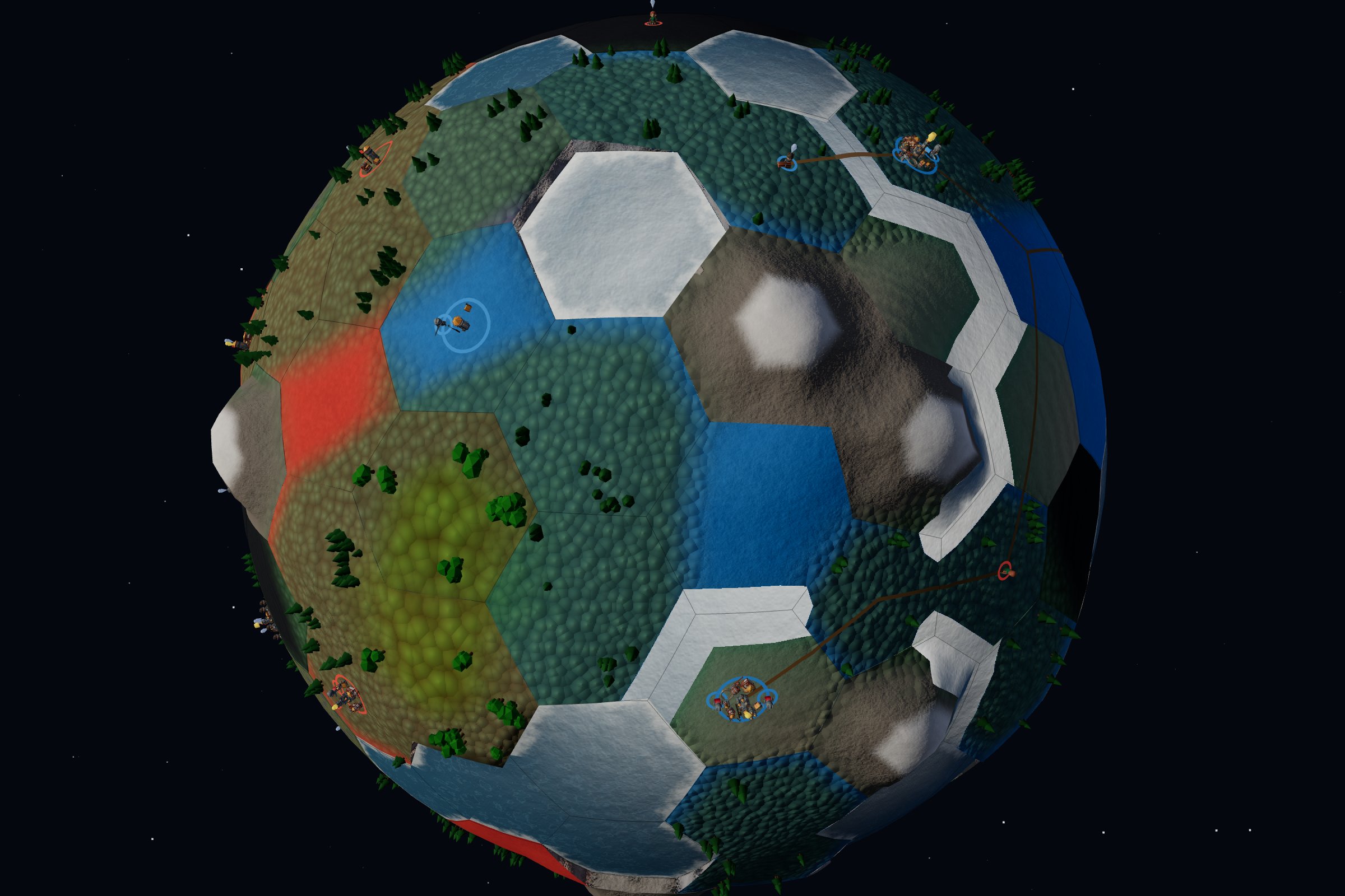 The influence overlay: rival colors washing across the planet's tiles